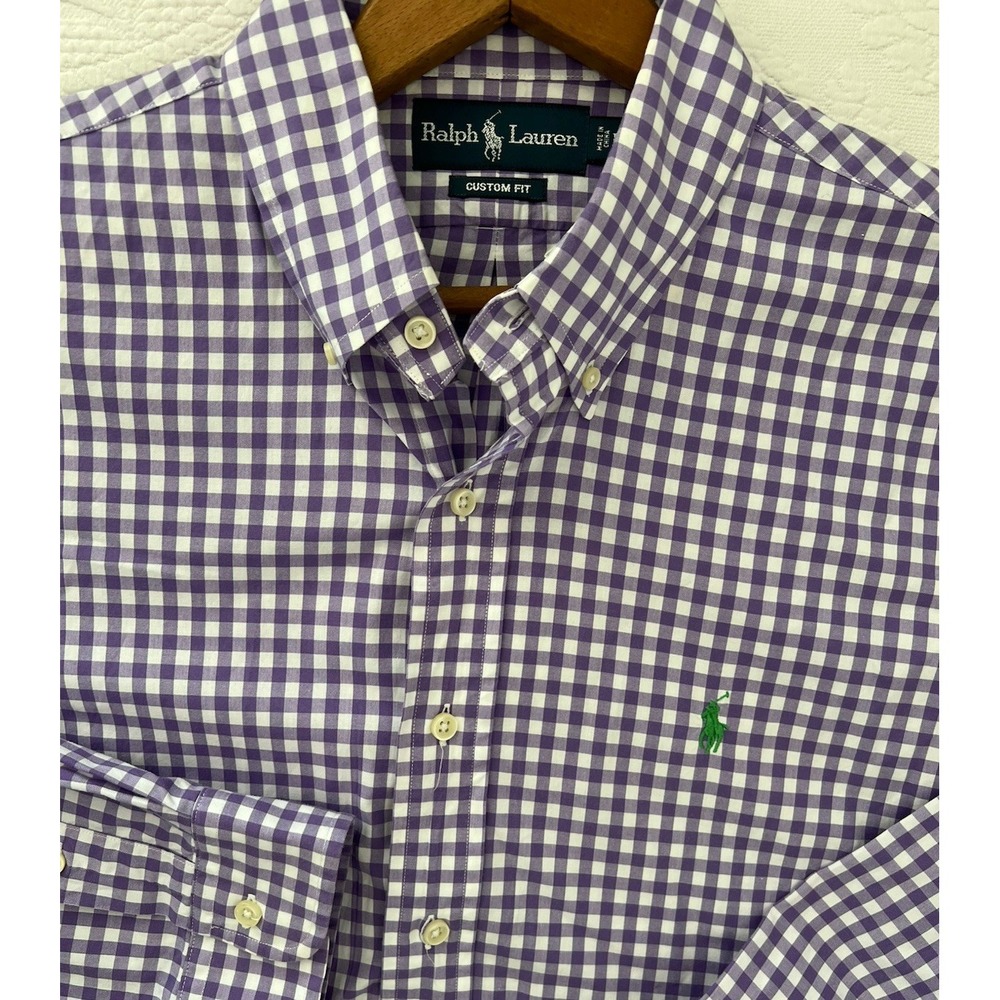 Ralph Lauren Custom Fit Button Down Shirt Mens L Purple Gingham Green Pony